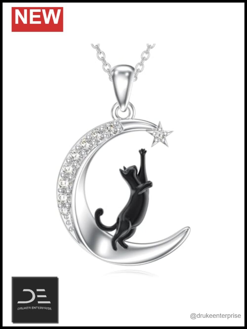 925 Sterling Silver Diamond Moon and Cat Necklace, Cute Black Cat Pendant with
